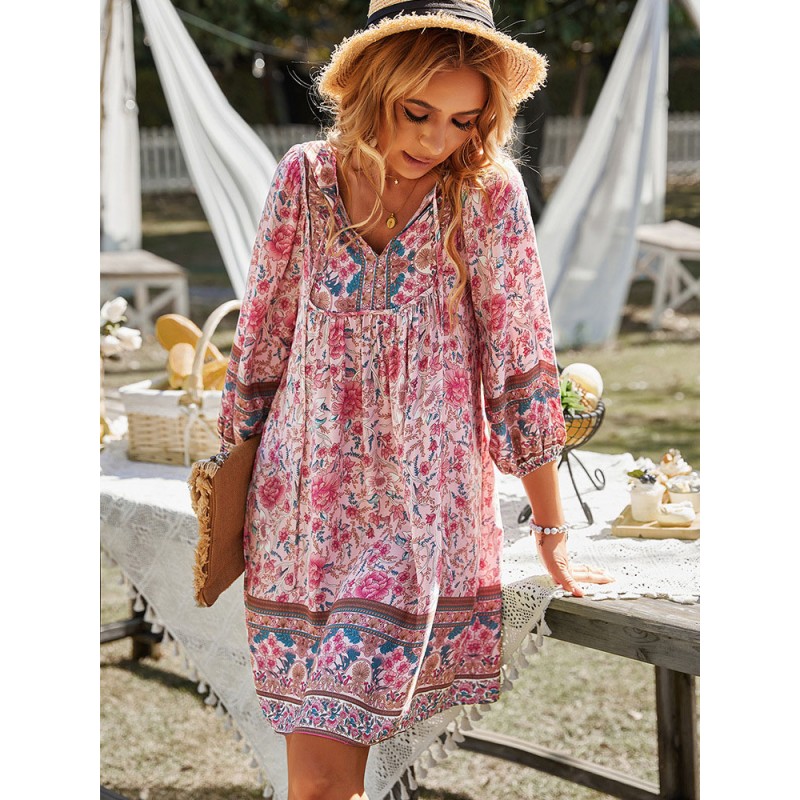 Boho Dress V-Neck Long Sleeves Printed Dress Sexy Casual Spring Summer Fall