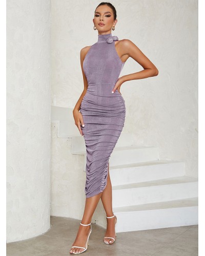 Dresses Lilac High Collar Flowers Sleeveless Low-slit Semi Formal Dress Bodycon Daily Casual Party