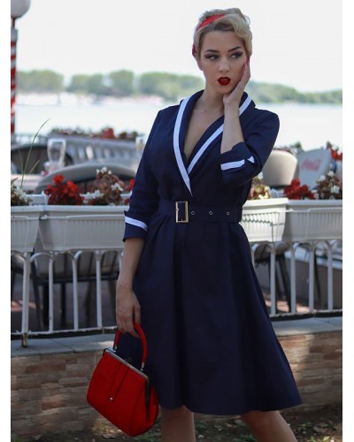 Women Dresses 1950s Audrey Hepburn Style Dark Navy Two Tone Belted Long Sleeve V Neck Midi Dress Vintage Holiday