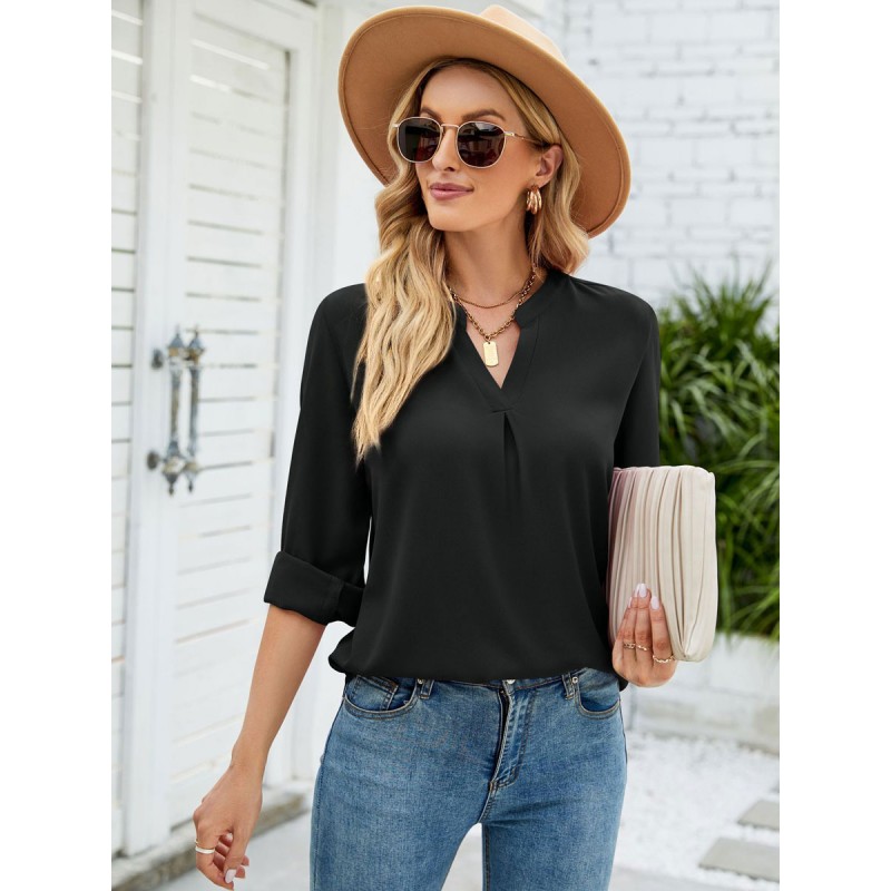 Women Long Sleeves Tees White Chiffon V-Neck T Shirt Casual Spring Fall