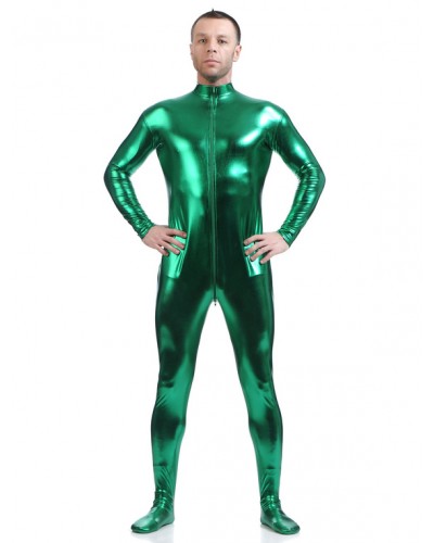 Men Dark Green Adults Bodysuit Shiny Metallic Catsuit For Solid