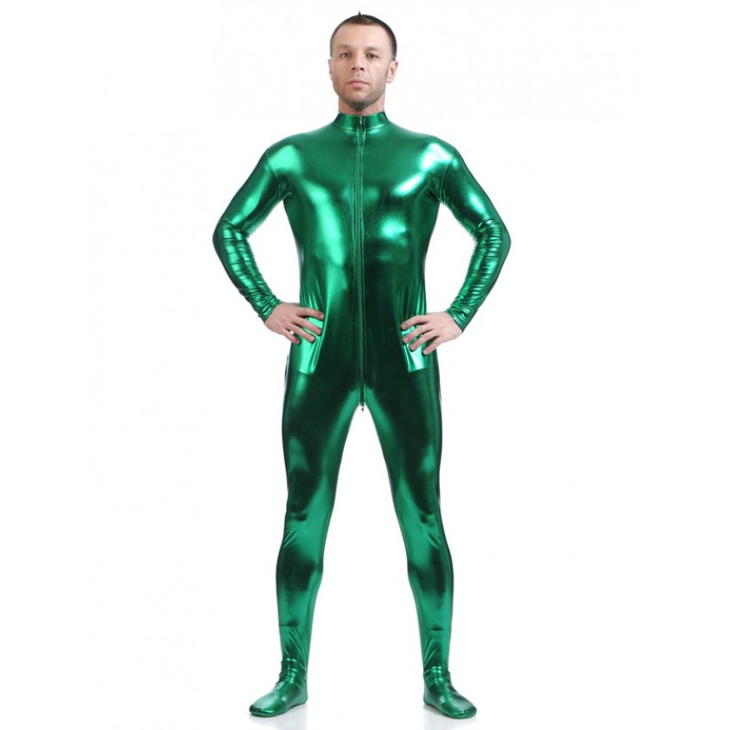 Men Dark Green Adults Bodysuit Shiny Metallic Catsuit For Solid