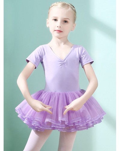 Women Ballet Dress Lilac 's Kid's Dancer Cut Out Ruffles Artwork Pleated Cotton Blend Dress Performance Wear Tunic Elegant Art Deco/Retro