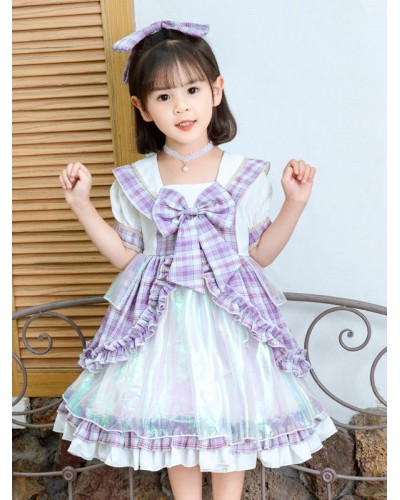 Polyester Tea Party Ruffles Short Sleeves Polyester Fall Dress Plaid Style Purple Kids' Lolita Dresses Sweet ROCOCO