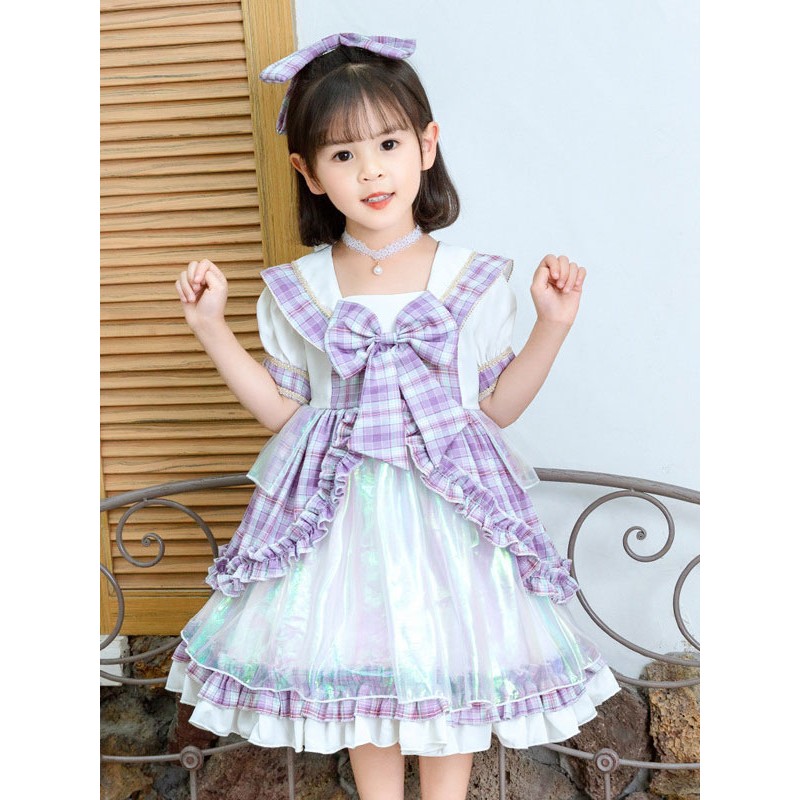 Polyester Tea Party Ruffles Short Sleeves Polyester Fall Dress Plaid Style Purple Kids' Lolita Dresses Sweet ROCOCO