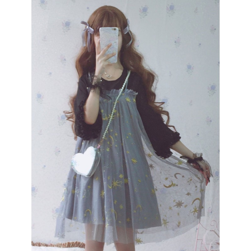 Lolita OP Dress Moon Star Embroidered One Piece Dresses Sweet Daily Casual