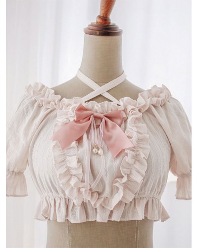 Lolita Lolita Top Ruffles Bows Short Sleeves Blouse Ecru White Lolita Shirt Blouses Sweet Daily Casual Tea Party