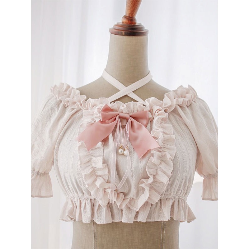 Lolita Lolita Top Ruffles Bows Short Sleeves Blouse Ecru White Lolita Shirt Blouses Sweet Daily Casual Tea Party