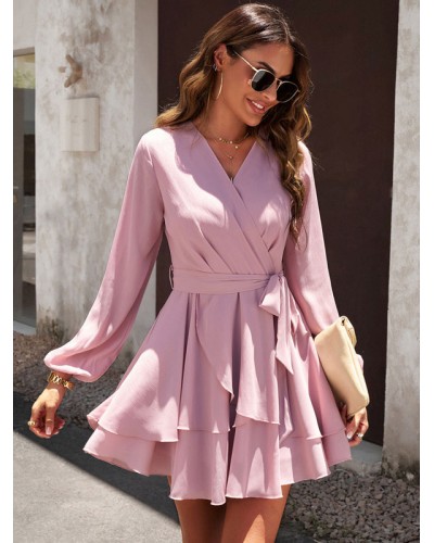 Women Skater Dresses V-Neck Ruffles Pink Long Sleeves Flare Dress Bodycon Spring Fall