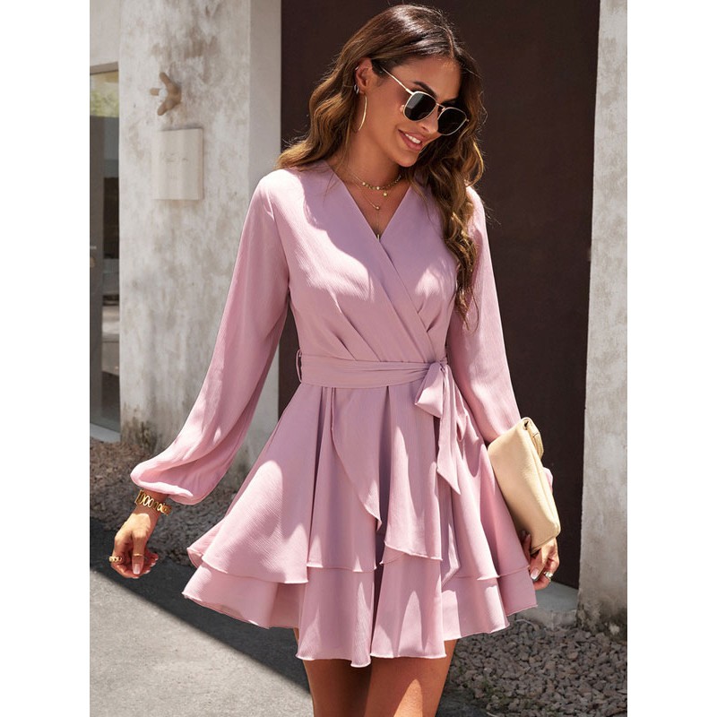 Women Skater Dresses V-Neck Ruffles Pink Long Sleeves Flare Dress Bodycon Spring Fall