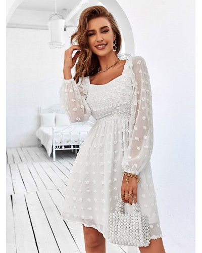 Women Mini Dresses White Long Sleeves Pleated Short Dress Maxi Spring Fall