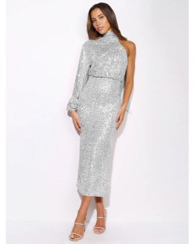 Women Sequined Party Dresses Long Sleeves One-Shoulder Semi Formal Dress Bodycon Spring Fall Winter