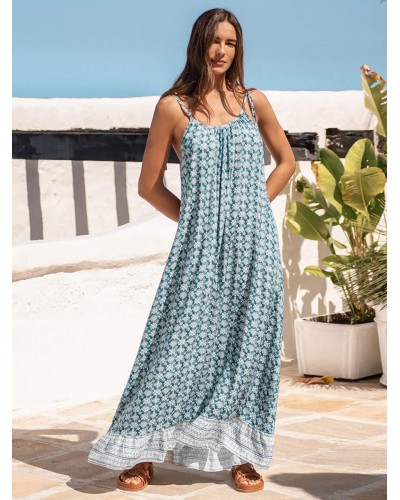 Boho Dress Spaghetti Straps Straps Neck Sleeveless Printed Oversized Beach Dress Casual Bohemian Summer