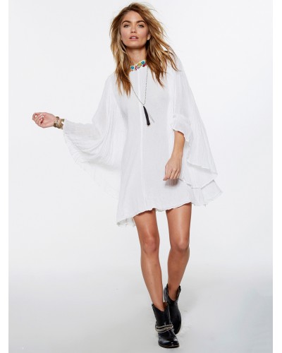 Women Boho Dress V-Neck Half Sleeves White Embroidered V-back Gypsy Beach Vacation Summer Short Shift Dress Bohemian Fall