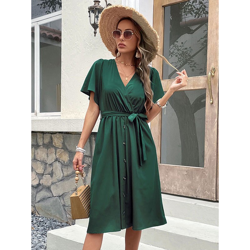 Lace Up Tatting Classic V-Neck Short Sleeves Midi Dress Summer Field