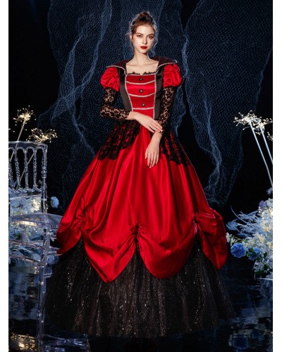 Women Rococo Victorian Retro Costume Dress Masquerade Semi Sheer Lace Cotton Cosplay Costume Carnival Euro-Style