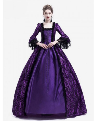 Women Victorian Dress Costume 's Long Gothic Trumpet Long Sleeves Purple Ball Gown Square Neckline Victorian Era Clothing With Hat Retro Costumes Halloween Sets Baroque