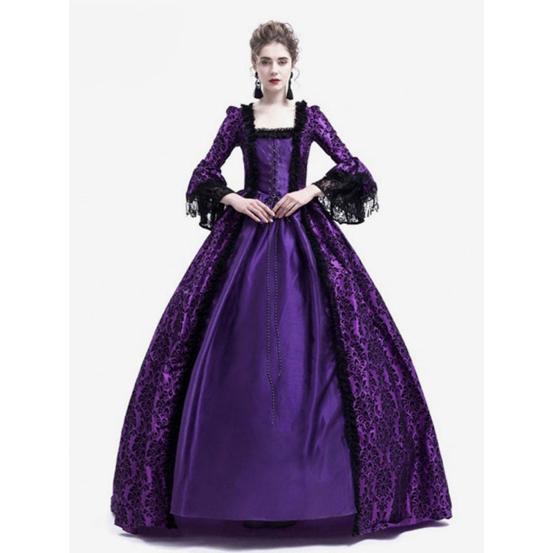 Women Victorian Dress Costume 's Long Gothic Trumpet Long Sleeves Purple Ball Gown Square Neckline Victorian Era Clothing With Hat Retro Costumes Halloween Sets Baroque