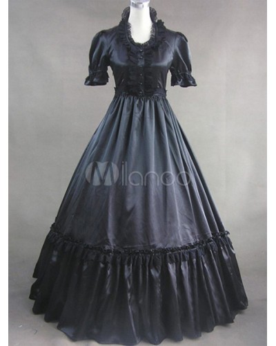 Victorian Black Short Sleeves Poplin Dress Costume Victorian Era Halloween Holiday Pageant Prom