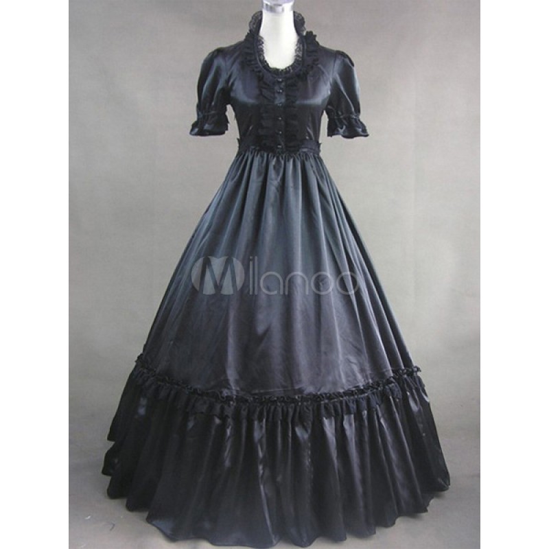 Victorian Black Short Sleeves Poplin Dress Costume Victorian Era Halloween Holiday Pageant Prom