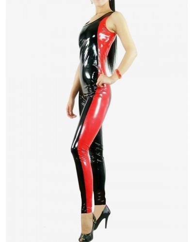 Unisex Halloween Black And Red Sleeveless PVC Shiny Metallic Catsuit Patterned