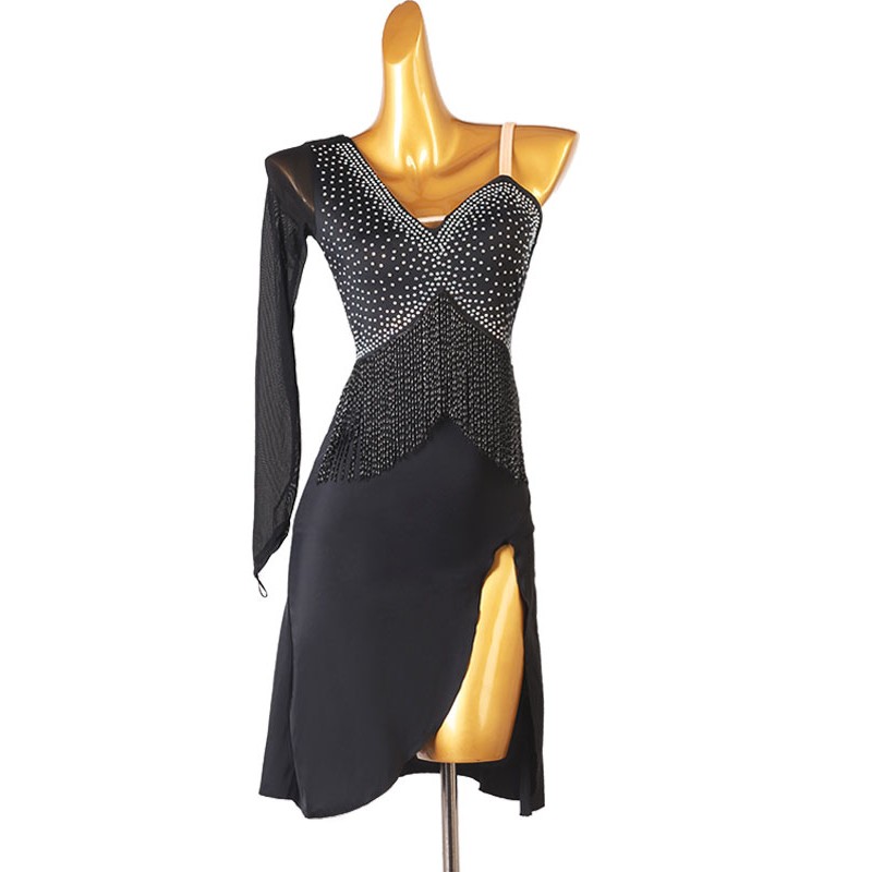 Women Latin Dance Dresses Black 's Rhinestones Open Shoulder Polyester Dress Dancing Wear Bodycon Sexy