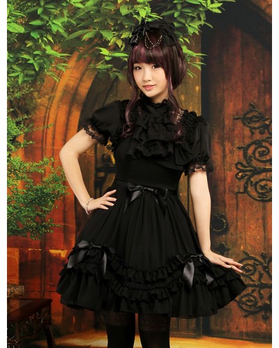 Sweet Black Straps Neck Bow Chiffon Cute Lolita Jumper Skirt Summer Daily Casual