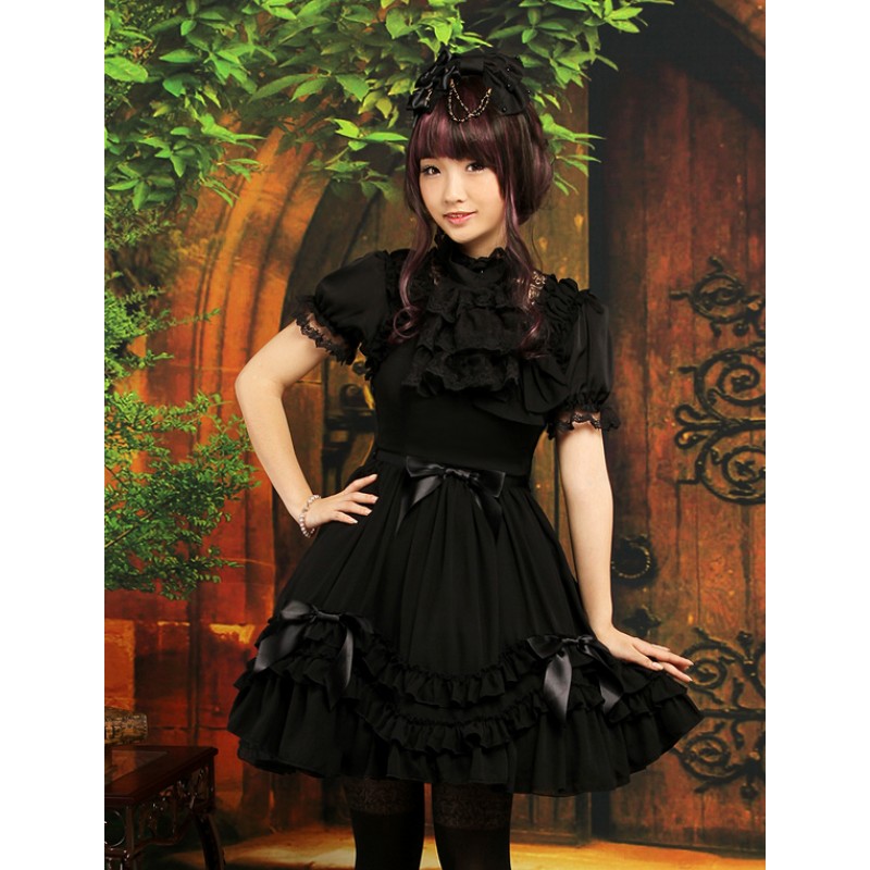 Sweet Black Straps Neck Bow Chiffon Cute Lolita Jumper Skirt Summer Daily Casual