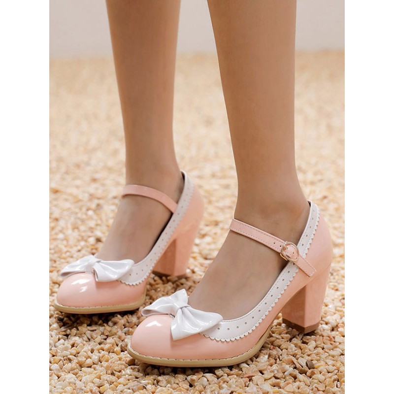 Sweet Lolita Footwear Pink PU Leather Chunky Heel Lace Up Lolita Pumps