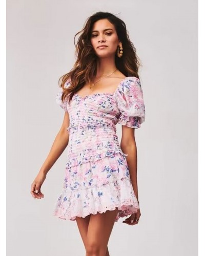 Floral Short Sleeves Sweetheart Neck Sweet Layered Ruffles Short Dress Mini Summer