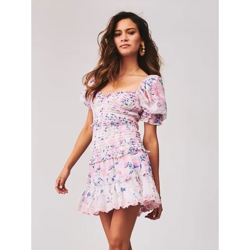 Floral Short Sleeves Sweetheart Neck Sweet Layered Ruffles Short Dress Mini Summer