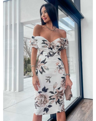 Floral Dress Short Sleeves Bateau Neck Midi Dress Bodycon Spring Summer