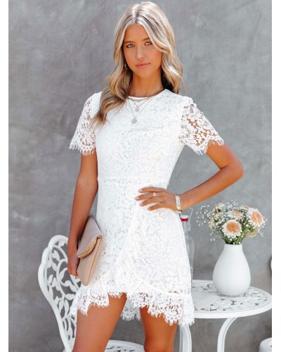 Birthday Cut Out Layered Lace Sexy Crewneck Short Sleeves Lace Dresses Bodycon Dating