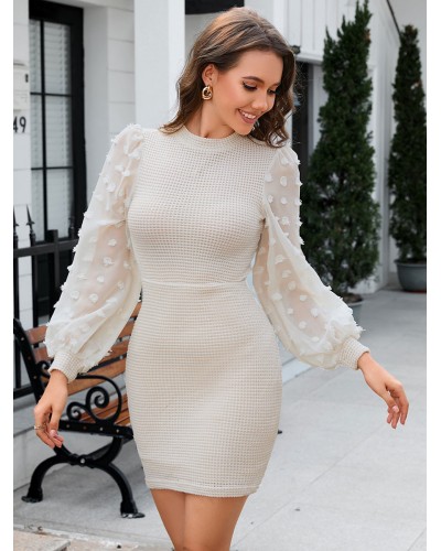 Dresses Ecru White Transparent Lantern Sleeves Pencil Dress Bodycon Daily Casual Dating