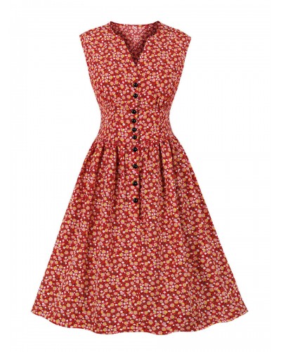 Vintage Dress 1950s Audrey Hepburn Style Red Floral Print Woman Buttons Sleeveless V-Neck Rockabilly Dress Bodycon Retro Summer