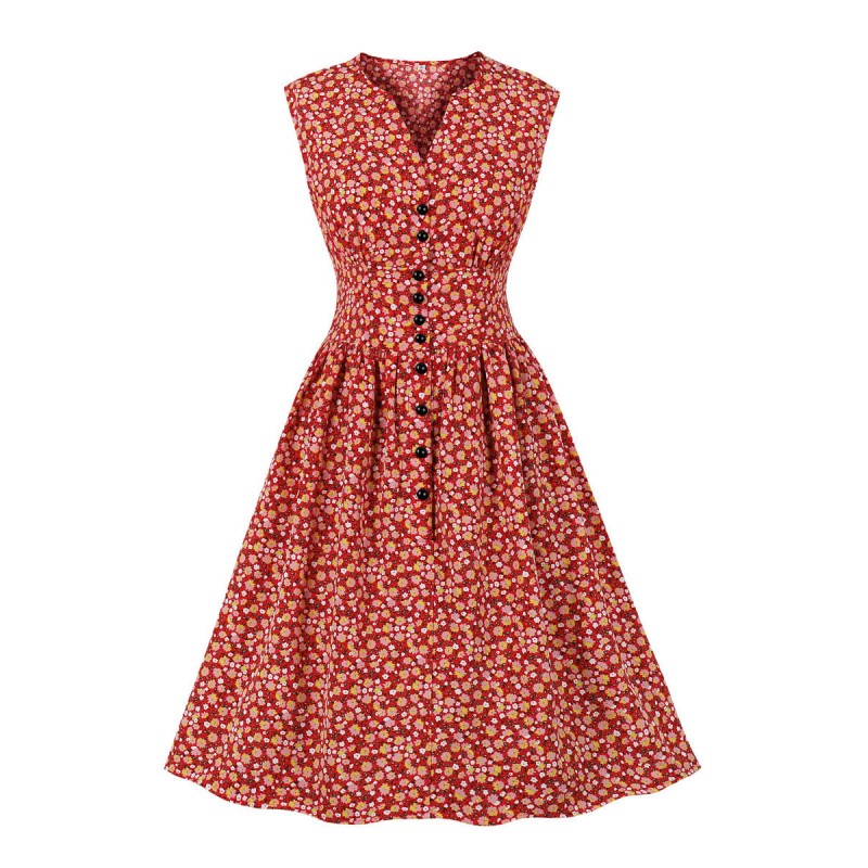 Vintage Dress 1950s Audrey Hepburn Style Red Floral Print Woman Buttons Sleeveless V-Neck Rockabilly Dress Bodycon Retro Summer