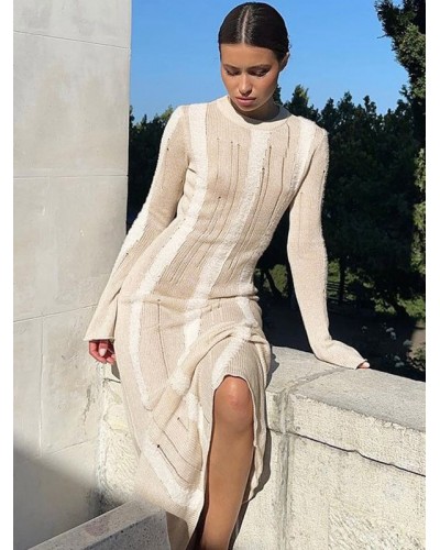 Women Semi Transparent Dresses Bell Sleeves Cut Out Knitted Bodycon Dress Sweater Fall Winter