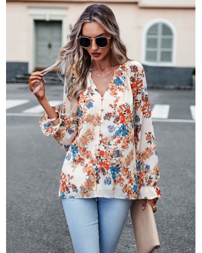 Women Floral Shirt V-Neck Long Sleeves Tops Casual Daily Casual