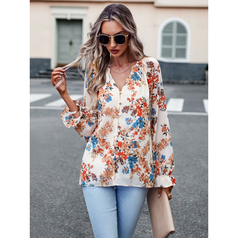 Women Floral Shirt V-Neck Long Sleeves Tops Casual Daily Casual