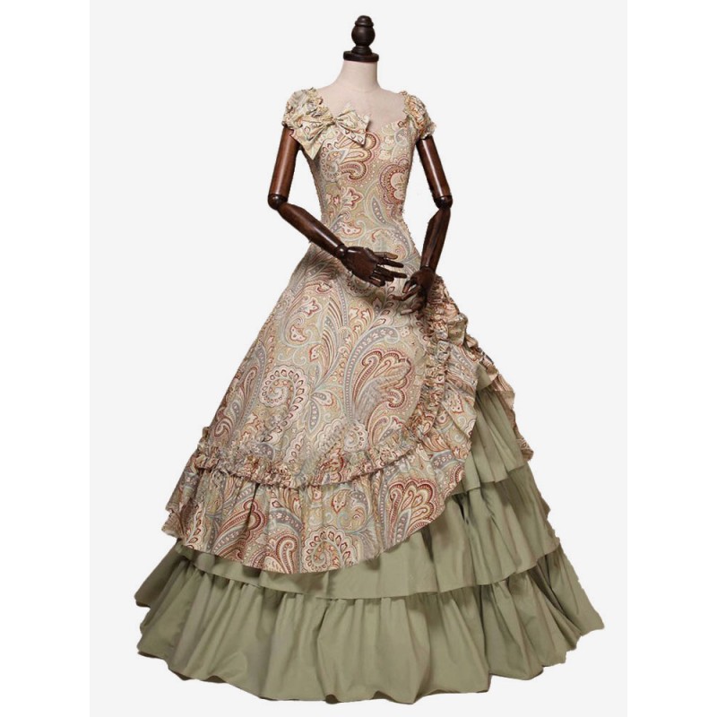 Women Retro Costumes Print Dress Bow Ruffle Short Sleeves Round Neckline Gown Victorian Era Clothing Costume Sets Vintage Baroque