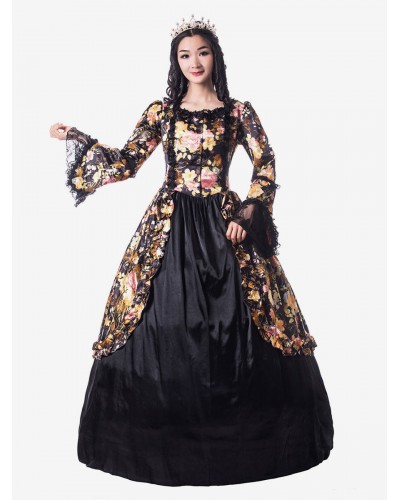 Women Victorian Dress Costume 's Black Trumpet Long Sleeves Round Neckline Flower Print Style Vintage Clothing Halloween Sets Victorian Era