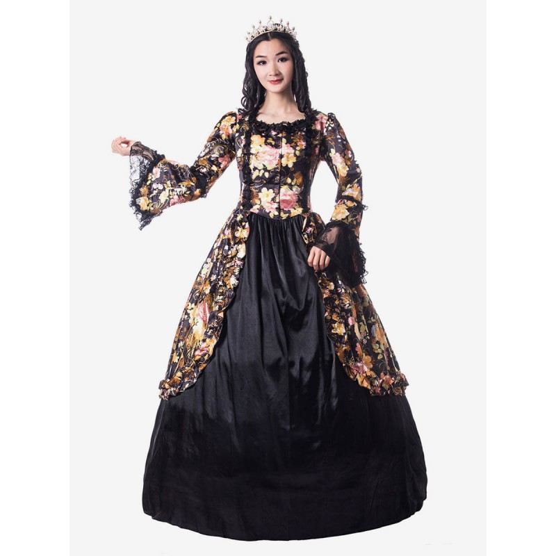 Women Victorian Dress Costume 's Black Trumpet Long Sleeves Round Neckline Flower Print Style Vintage Clothing Halloween Sets Victorian Era