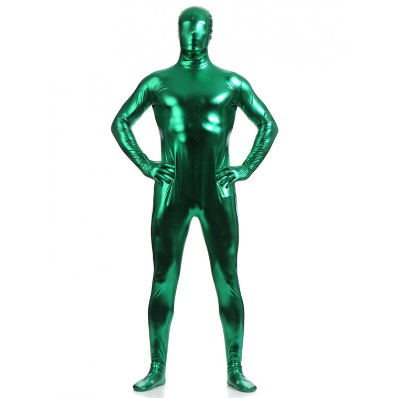 Men Dark Green Zentai Suit Adults Full Body Shiny Metallic Bodysuit For Solid