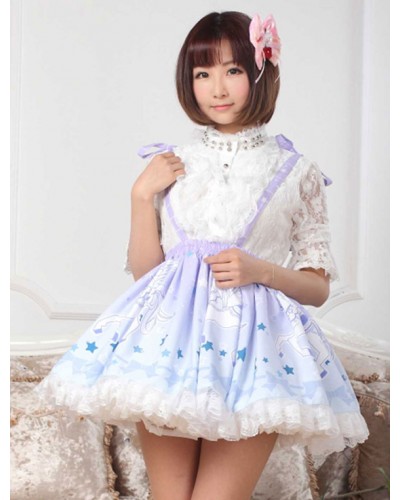 Blue Lace Bow Printed Polyester Lolita Dress Sweet Spring Daily Casual