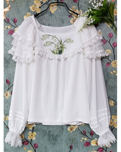 Classic Lolita Blouses Lolita Top Infanta White Long Sleeves Lace Embroidered Floral Print Lolita Shirt Classic  Traditional