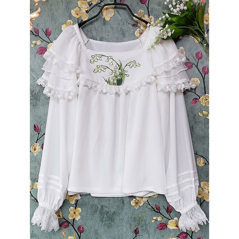 Classic Lolita Blouses Lolita Top Infanta White Long Sleeves Lace Embroidered Floral Print Lolita Shirt Classic  Traditional