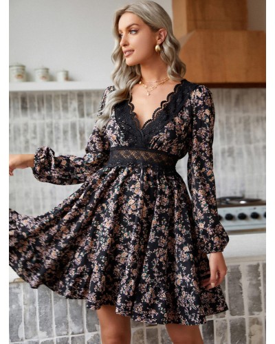 Women Skater Dresses Black V-Neck Long Sleeves Floral Printed Sexy Short Flared Dress Bohemian Fall