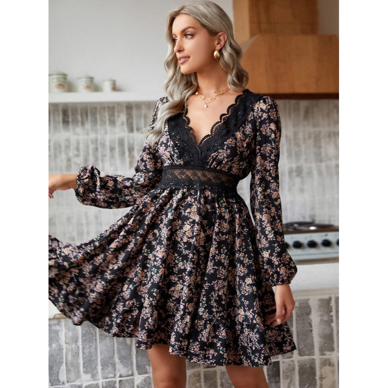 Women Skater Dresses Black V-Neck Long Sleeves Floral Printed Sexy Short Flared Dress Bohemian Fall