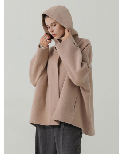 Woman's Wool Coat Camel Hooded Winter Warm Outerwear Casual