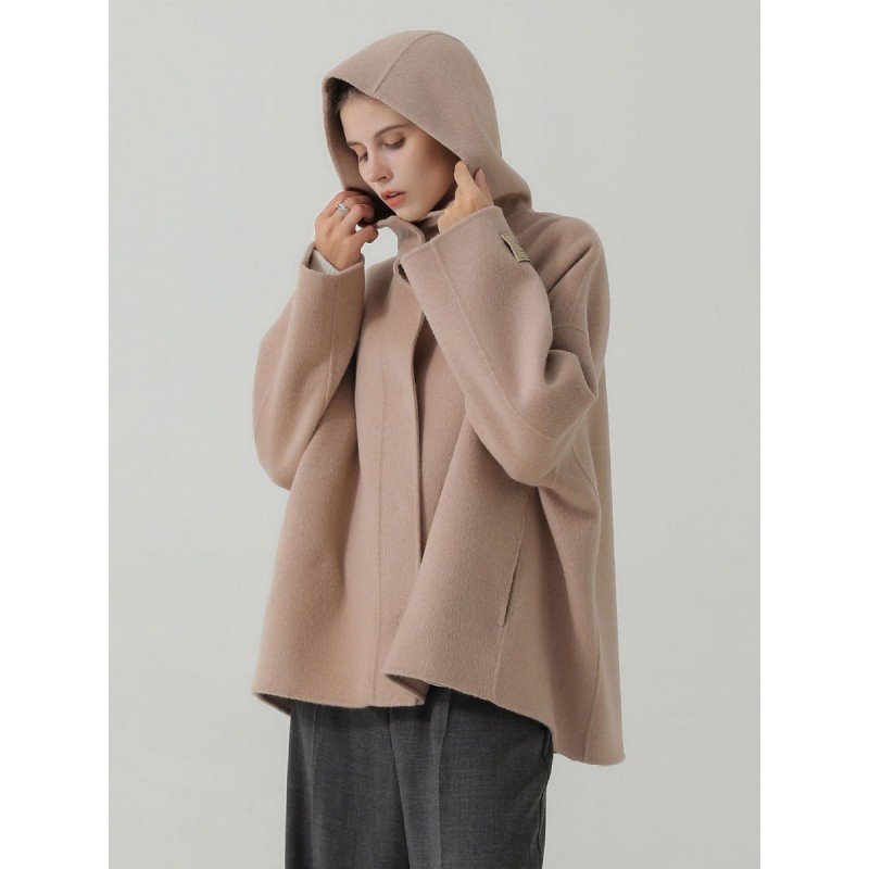 Woman's Wool Coat Camel Hooded Winter Warm Outerwear Casual